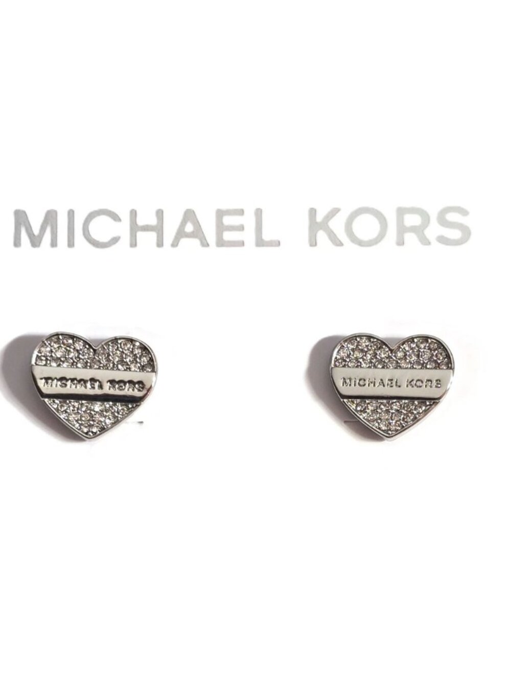 MICHAEL KORS SILVER TONE CRYSTAL PAVE,STUD HEART SHAPE EARRINGS
